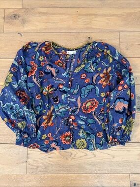 Velvet Blue Floral Button-Front Blouse